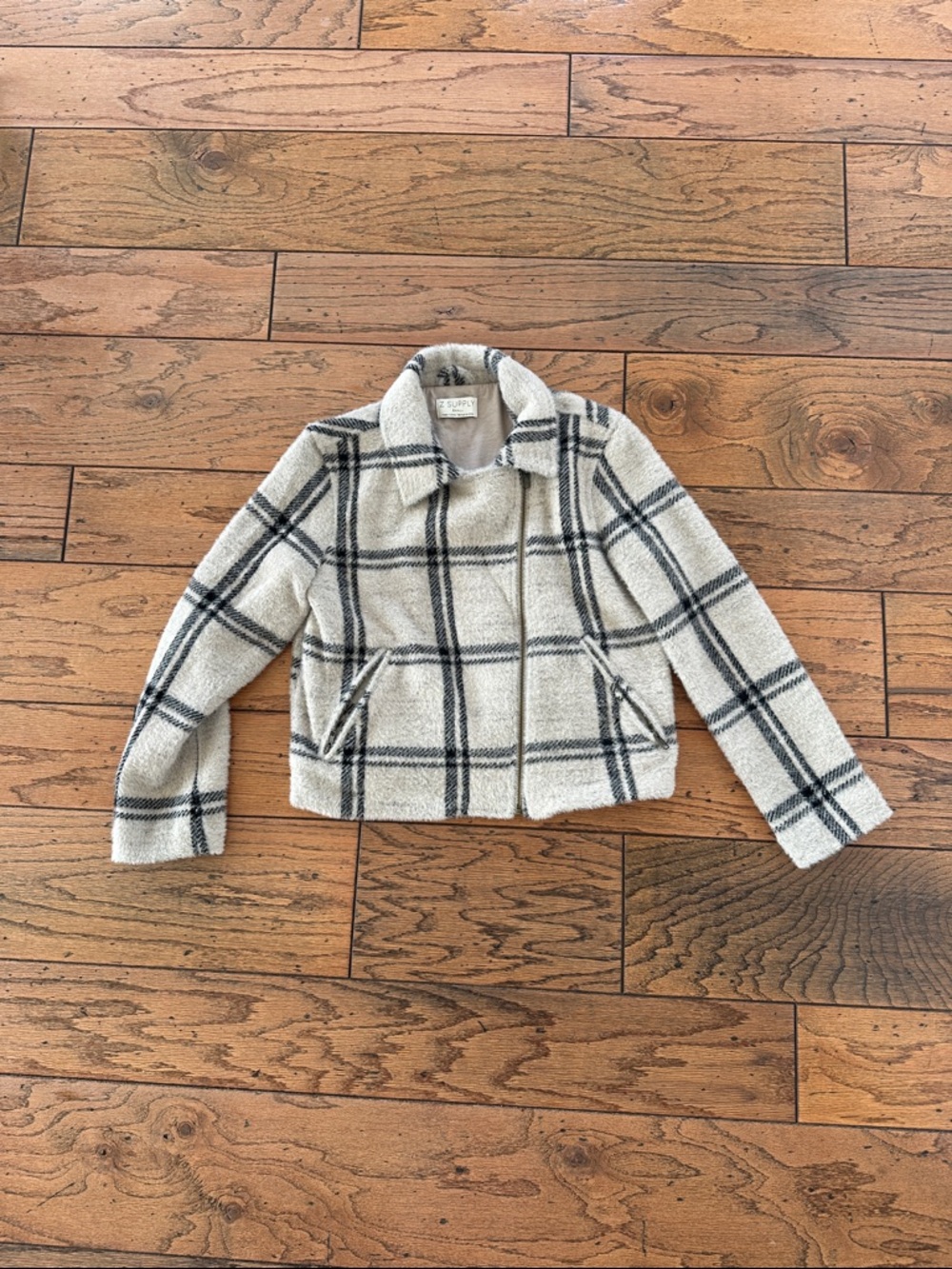 Z Supply Cream Plaid Sherpa Pea Coat with Black Windowpane